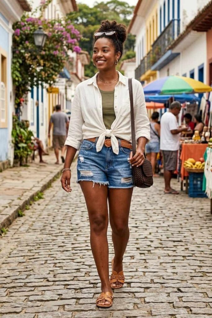 7. Button-Down Shirt With Denim Shorts