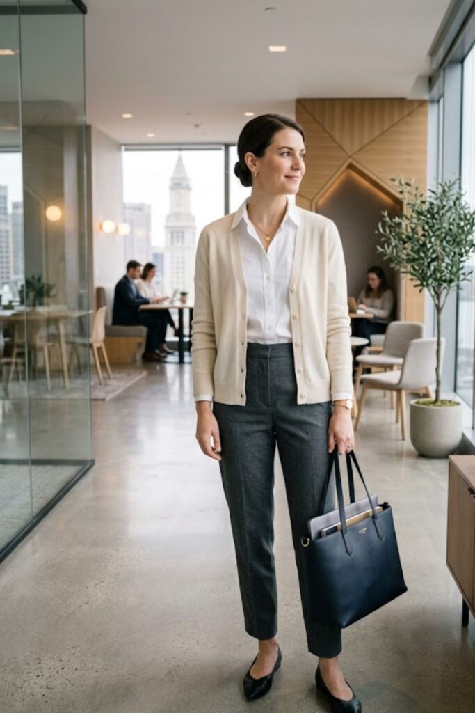 7. Cardigan Over Button-Up Shirt With Trousers