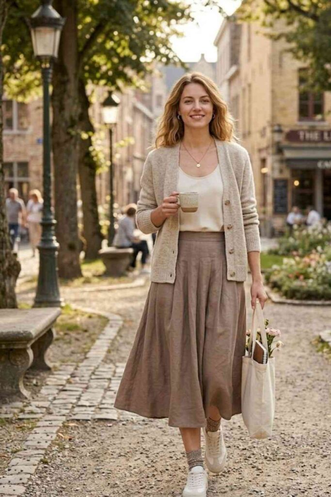 7. Cardigan with Tank and Midi Skirt