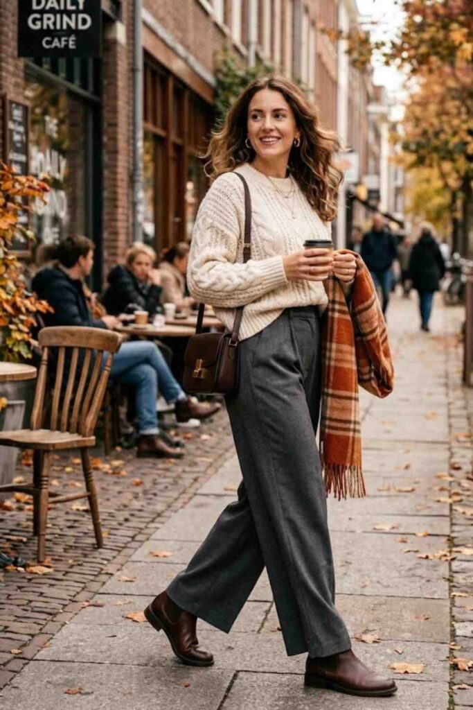 7. Chunky Knit Sweater with Wide-Leg Pants