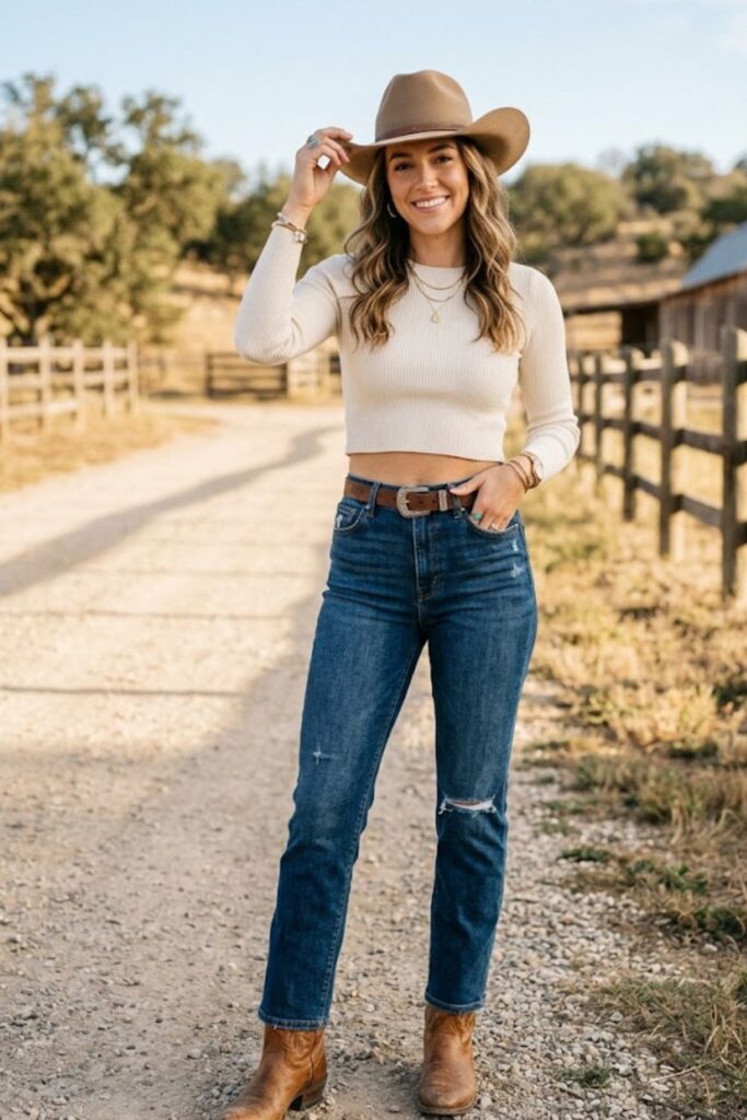 7. Crop Top With High-Waisted Jeans and Hat