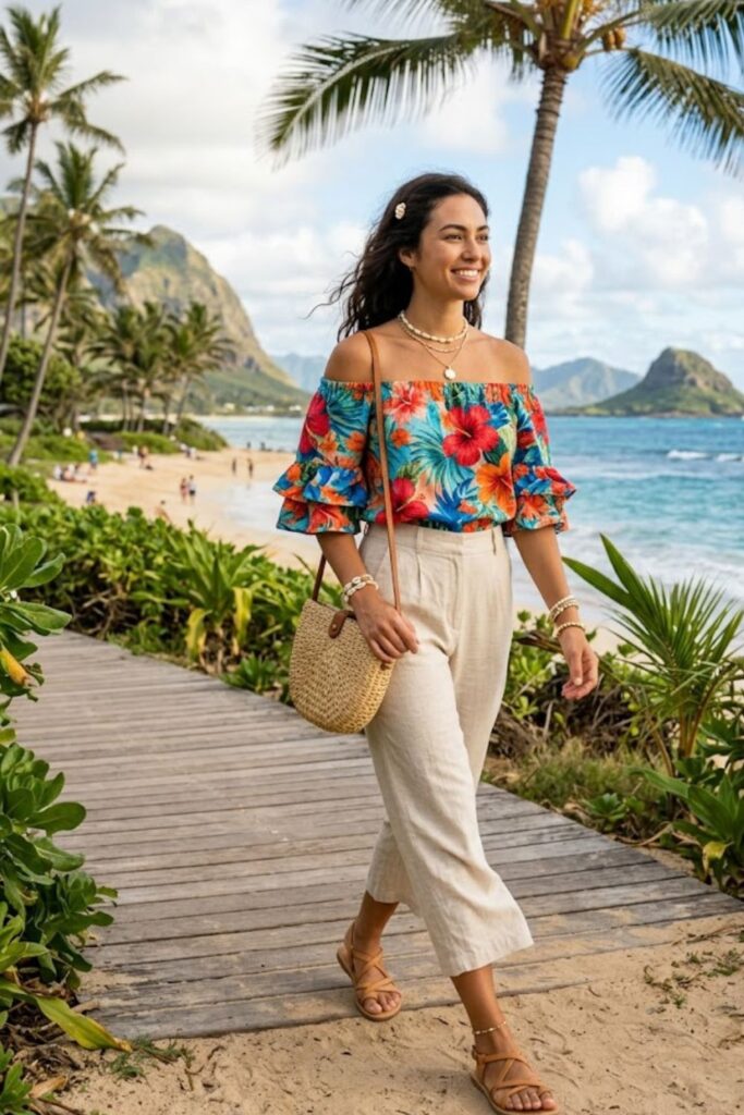 7. Cropped Pants With Off-Shoulder Top
