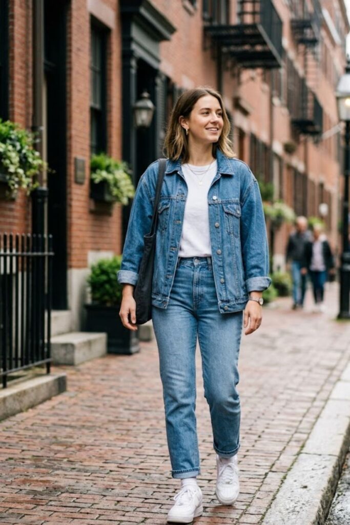 7. Denim Jacket With White Tee and Jeans