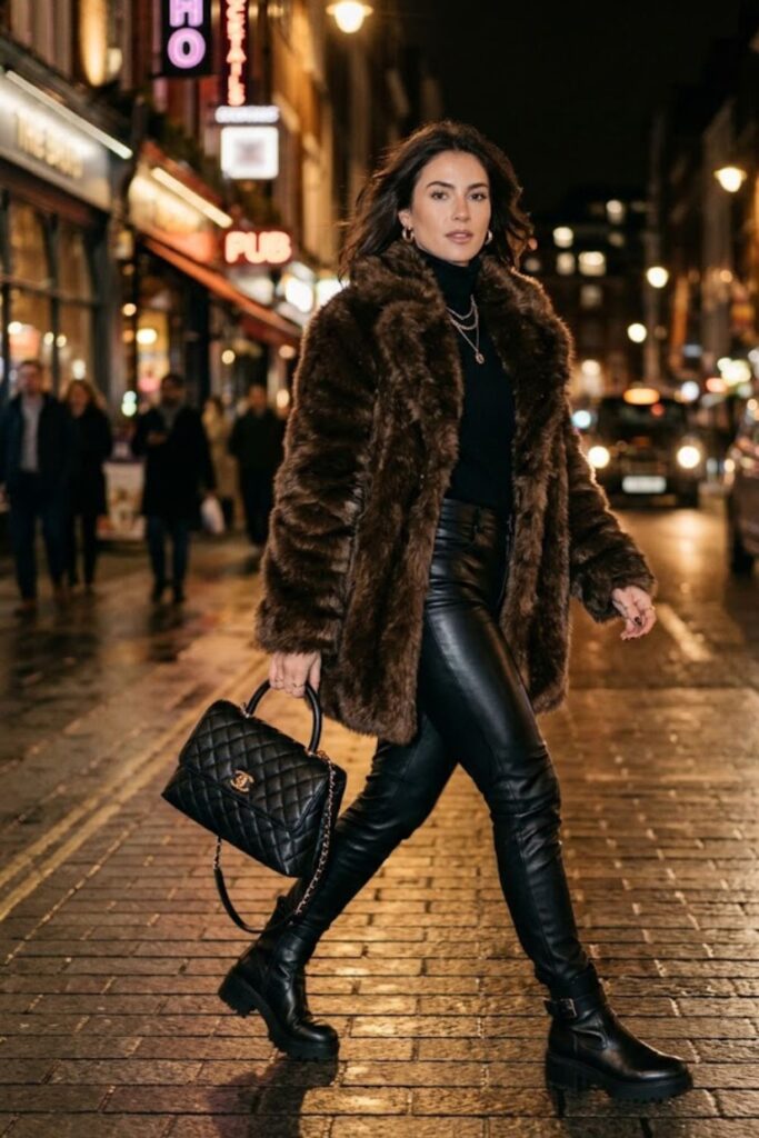 7. Faux Fur Coat With Leather Pants