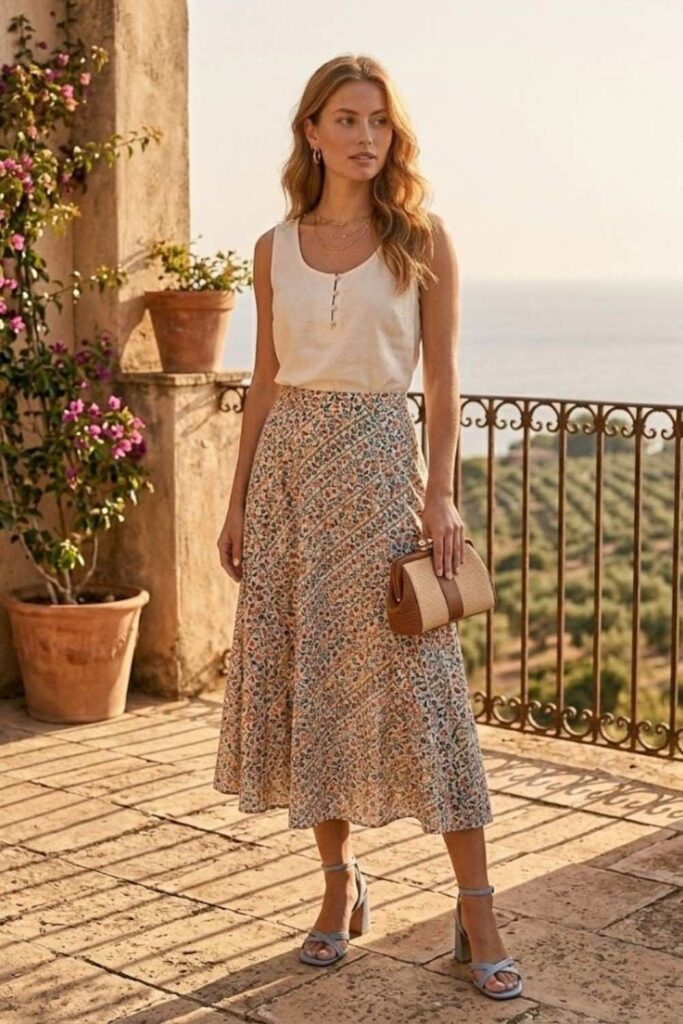 7. Flowy Midi Skirt with Fitted Top