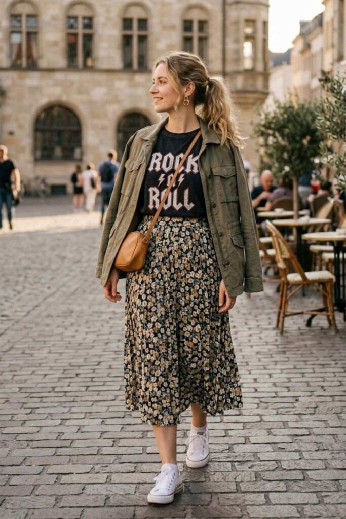 7. Graphic Tee with Midi Skirt