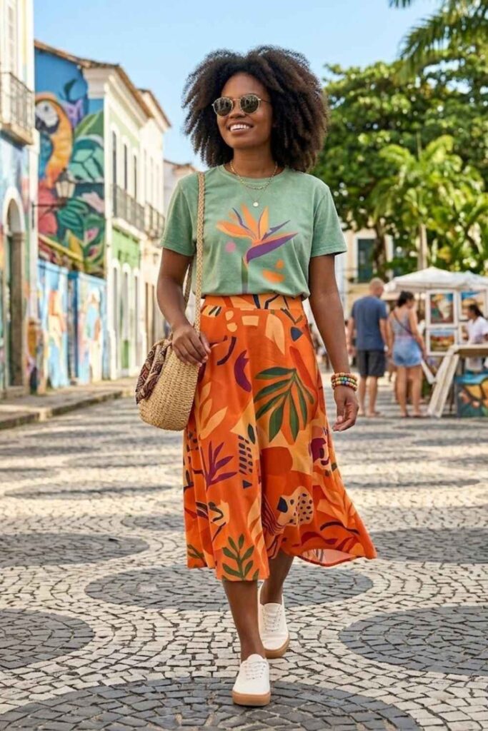 7. Graphic Tee With Midi Skirt