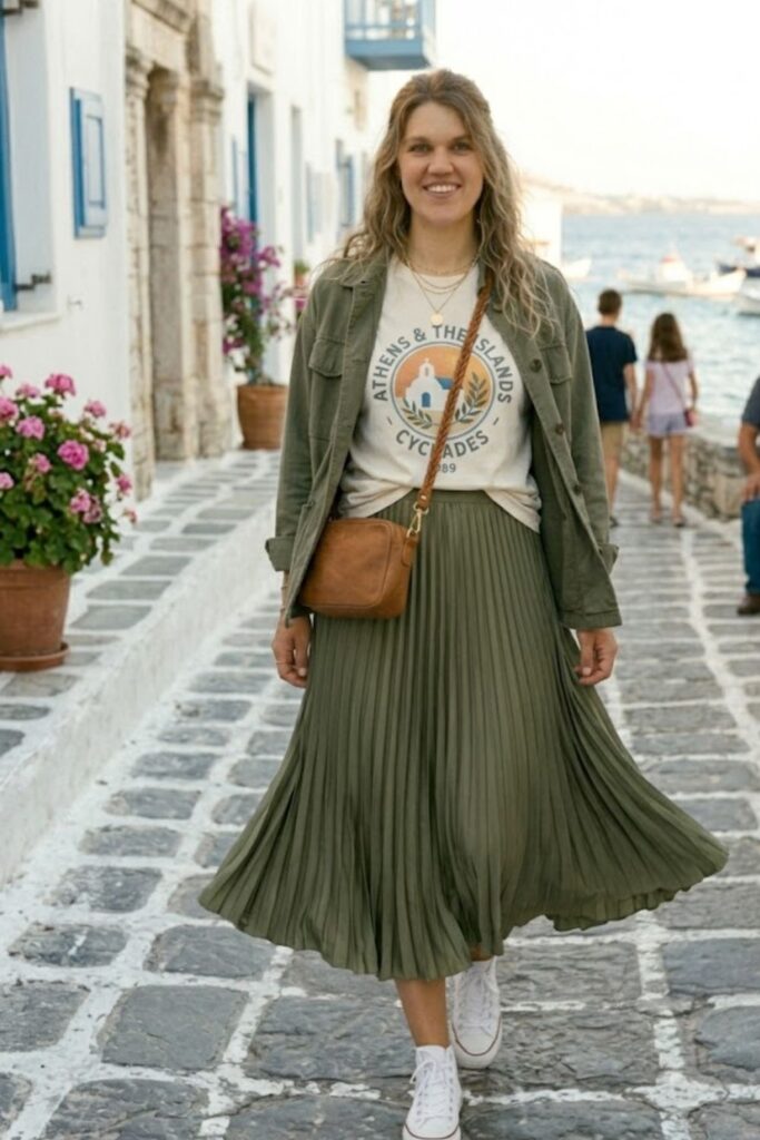 7. Graphic Tee with Midi Skirt