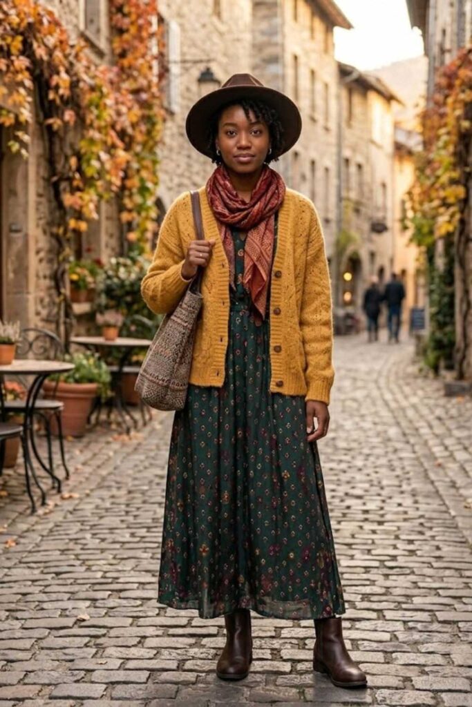 7. Knit Cardigan with Maxi Dress