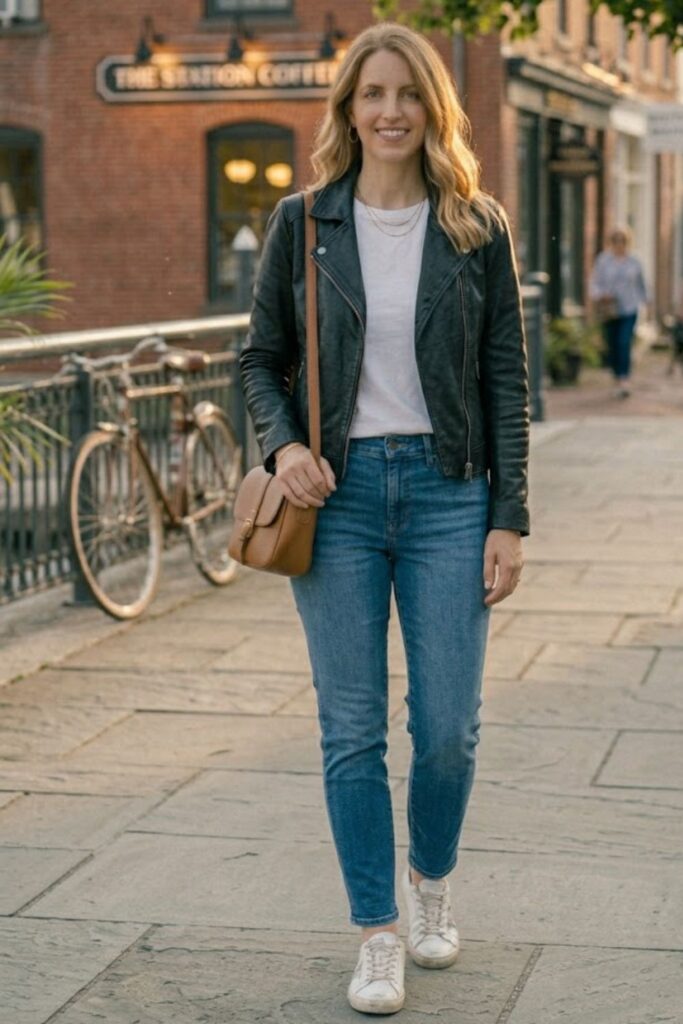 7. Leather Jacket with T-Shirt and Jeans