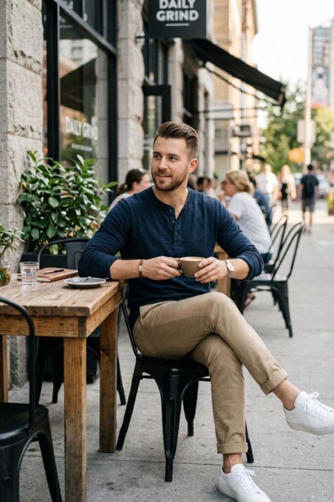 7. Long-Sleeve Henley With Khakis