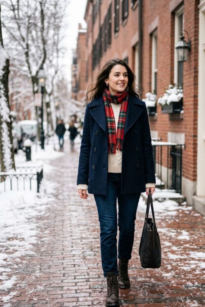 7. Peacoat with Scarf and Jeans
