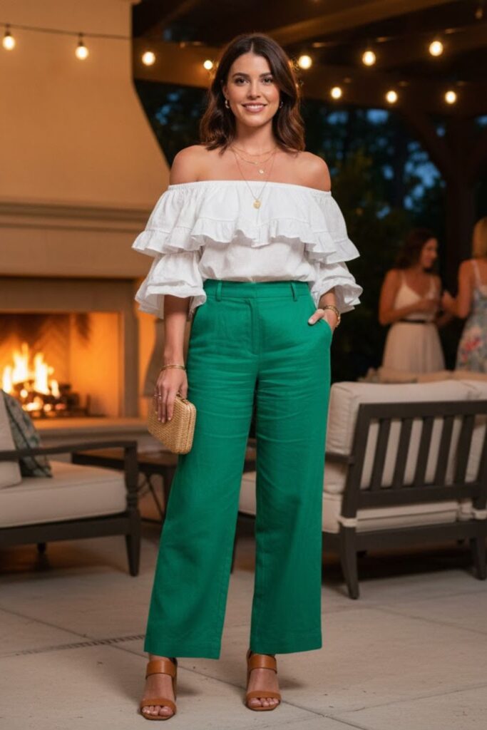 7. Ruffled Blouse with Wide-Leg Pants