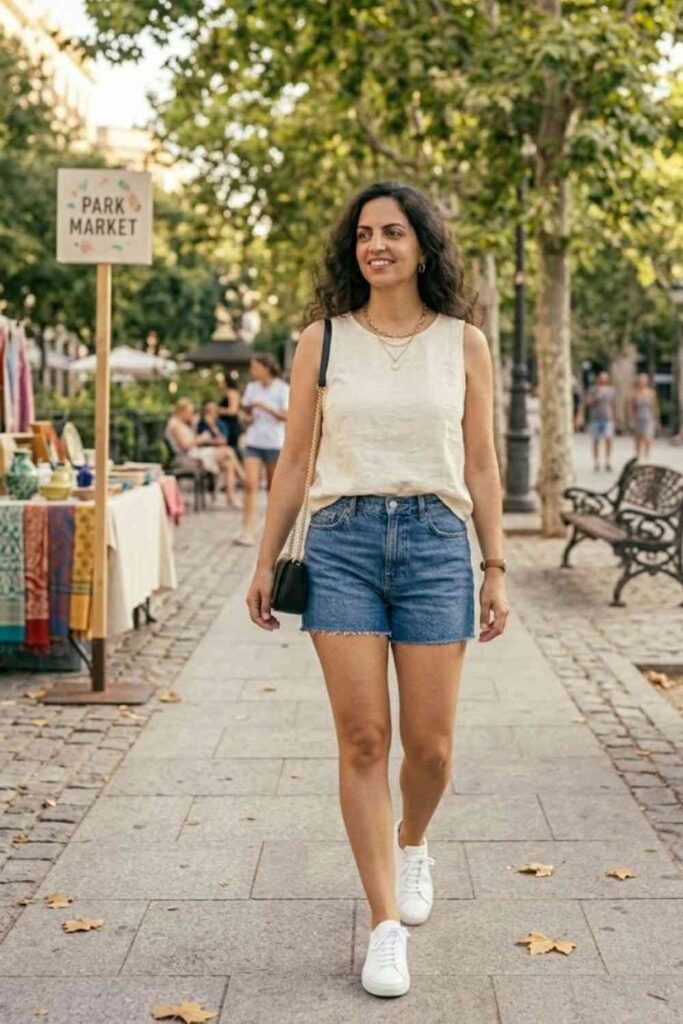 7. Sleeveless Blouse with Denim Shorts