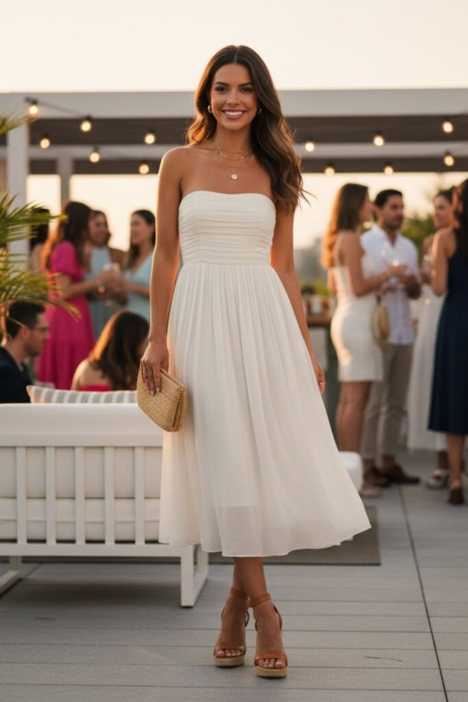 7. Strapless Midi Dress with Minimal Accessories