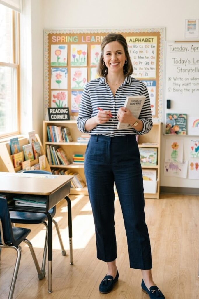7. Striped Shirt with Cropped Trousers