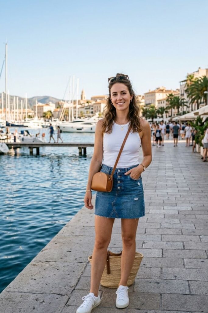7. Tank Top With Denim Skirt