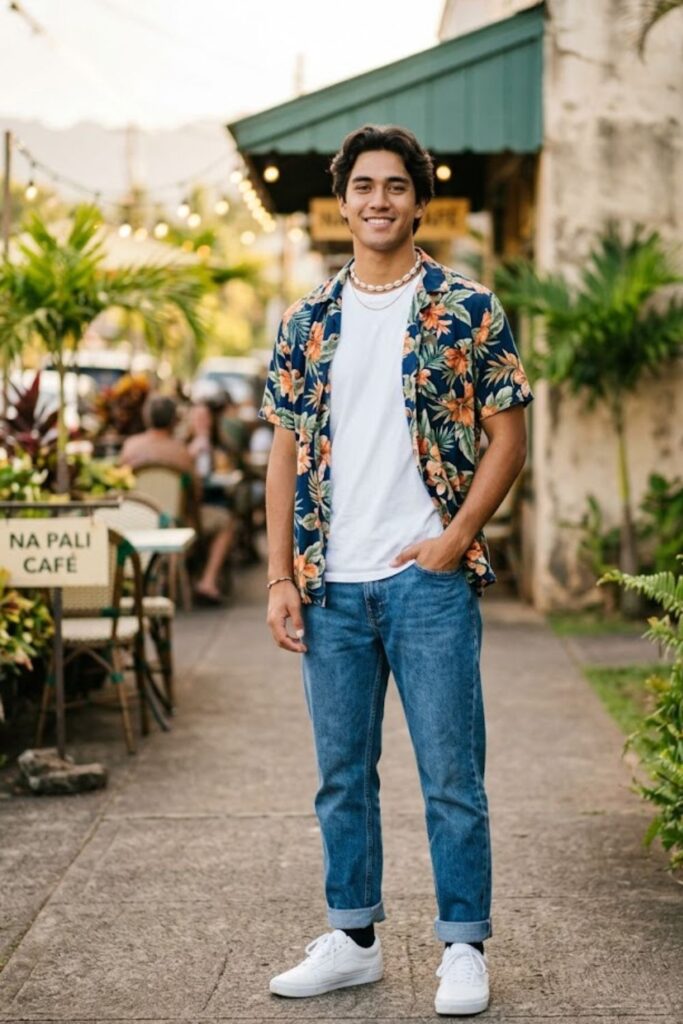 7. Tropical Shirt Layered Over a White T-Shirt
