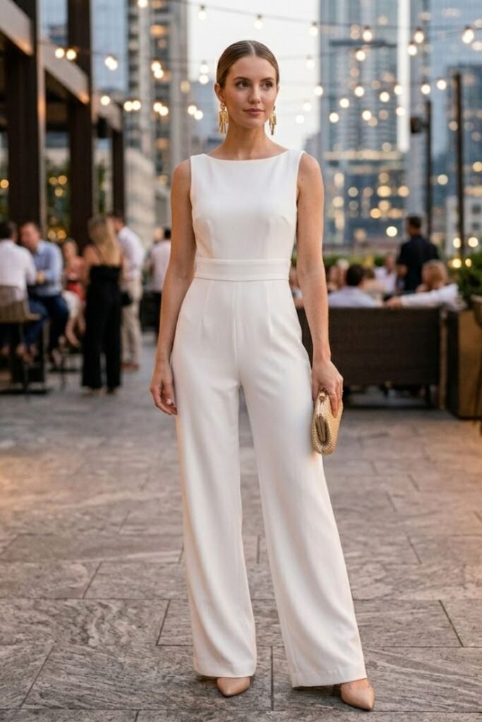 7. White Jumpsuit with Statement Earrings