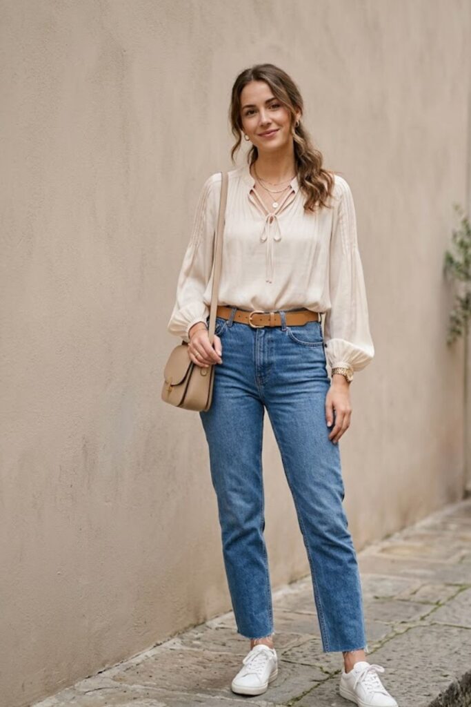 8. Blouse with Straight-Leg Jeans