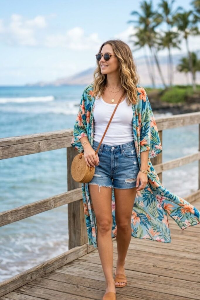 8. Boho Kimono and Shorts Outfit