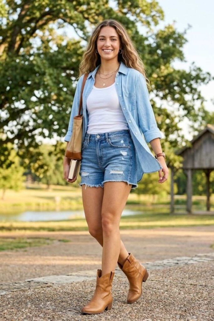 8. Button-Down Shirt With Denim Shorts