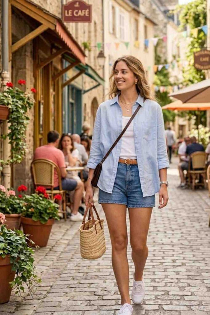 8. Button-Up Shirt with Denim Shorts