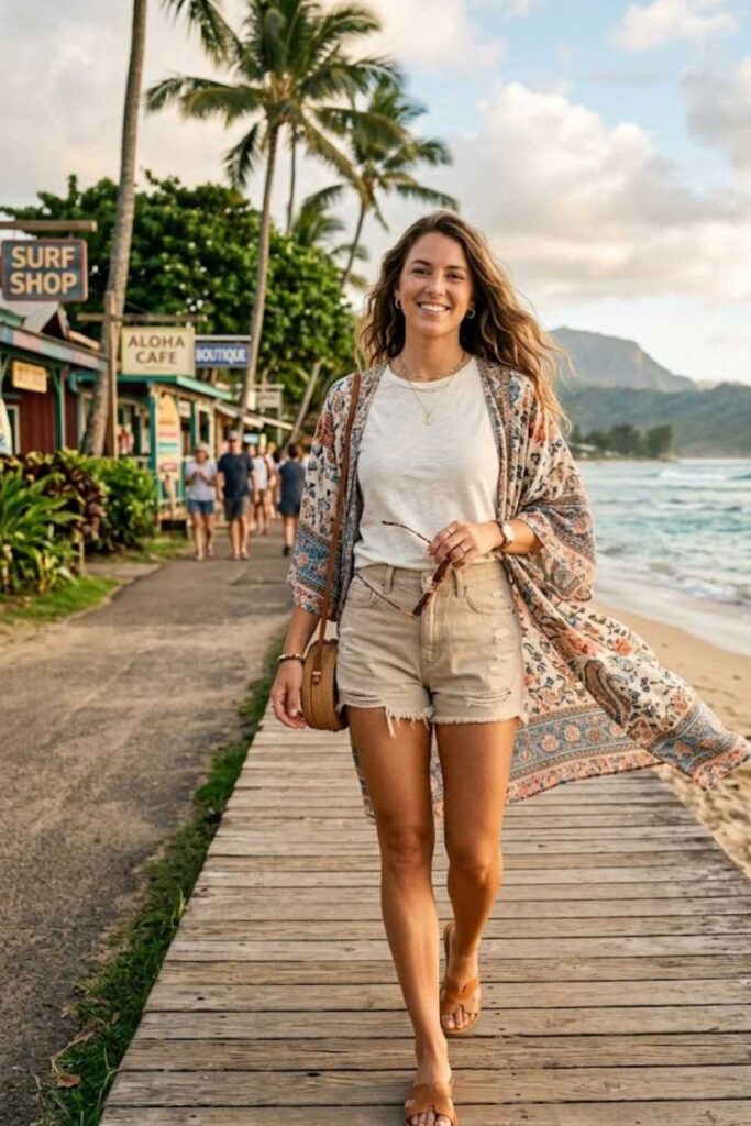 8. Denim Shorts with Kimono