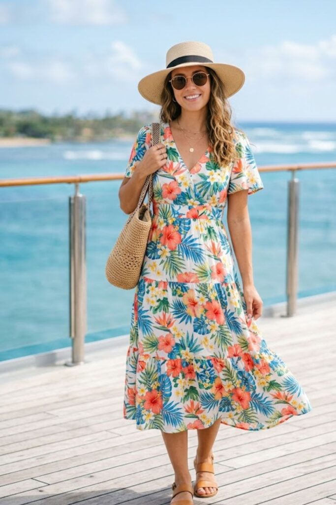 8. Floral Midi Dress with Straw Hat