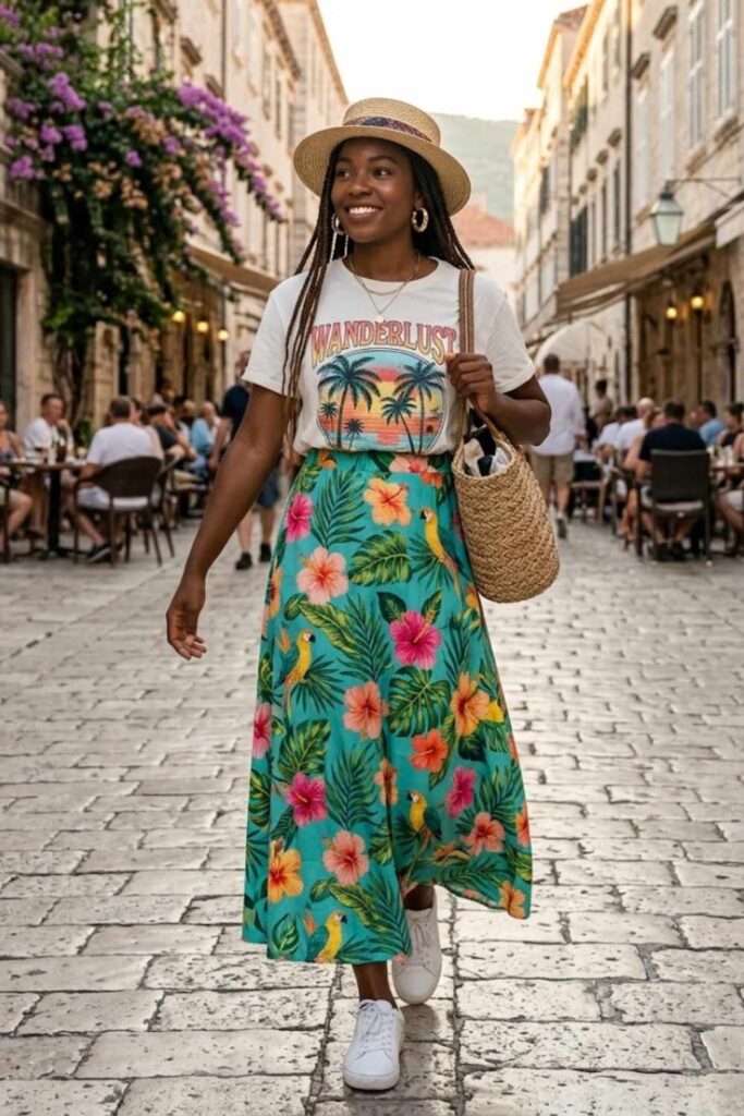 8. Graphic Tee With Flowing Skirt