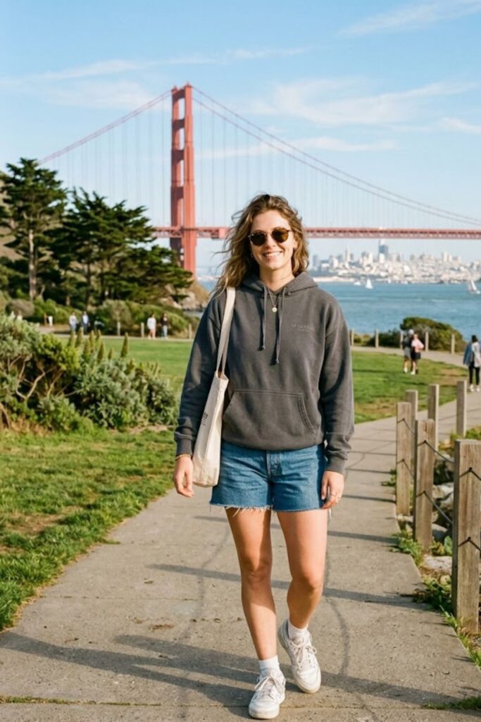 8. Hoodie With Denim Shorts