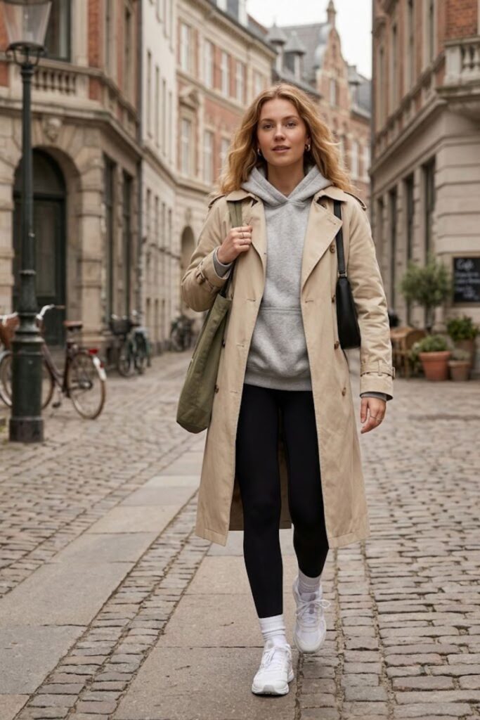 8. Hoodie with Trench Coat and Leggings