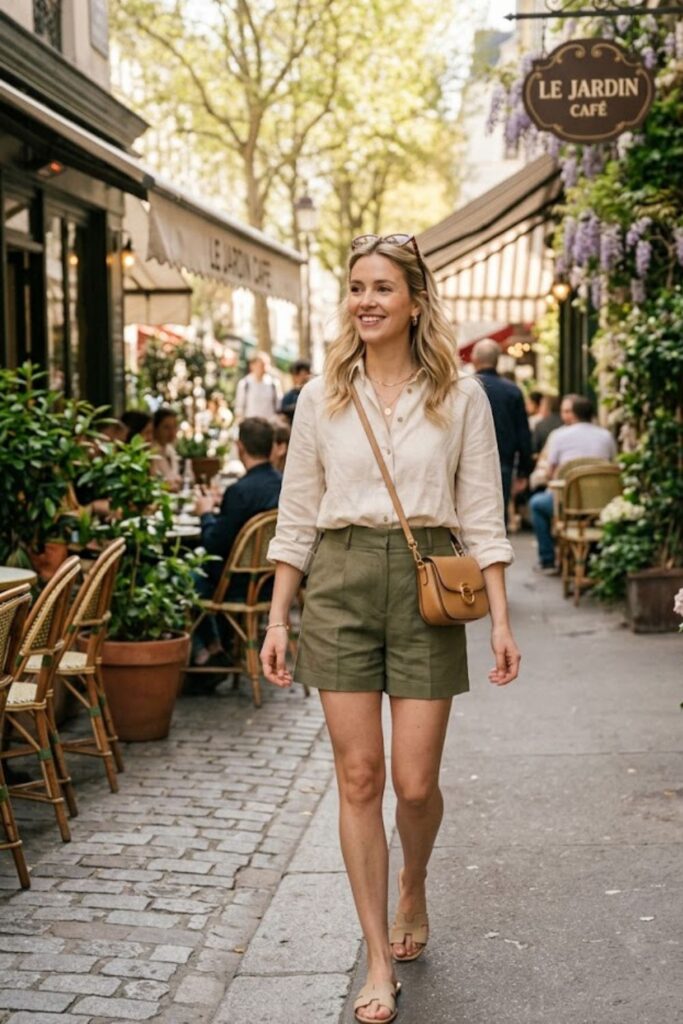 8. Linen Blouse With Tailored Shorts