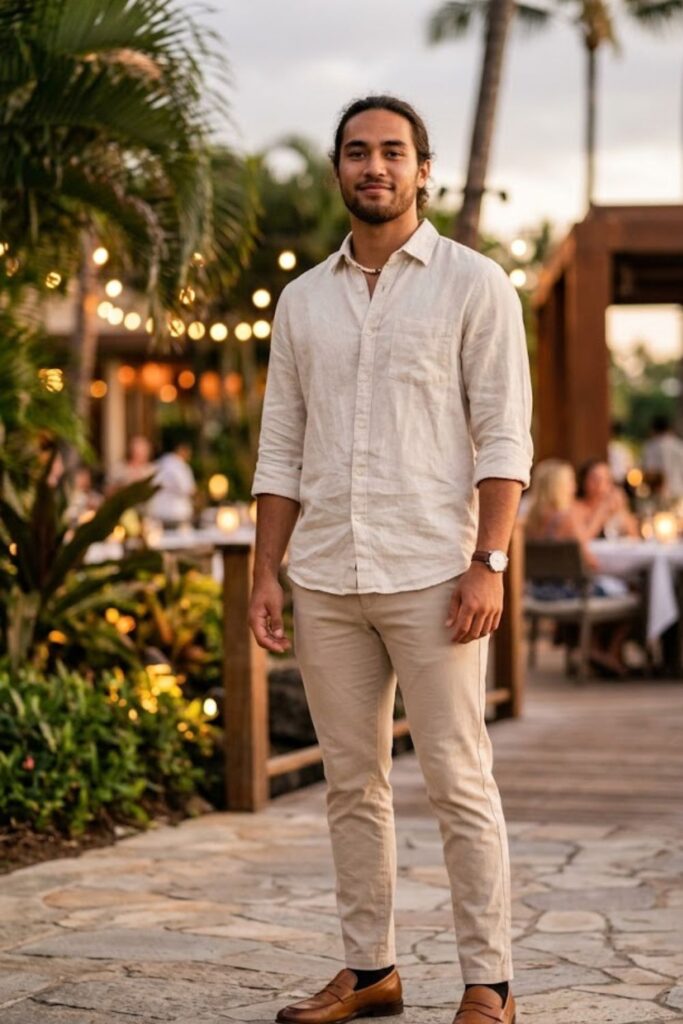 8. Linen Button Shirt with Beige Chinos