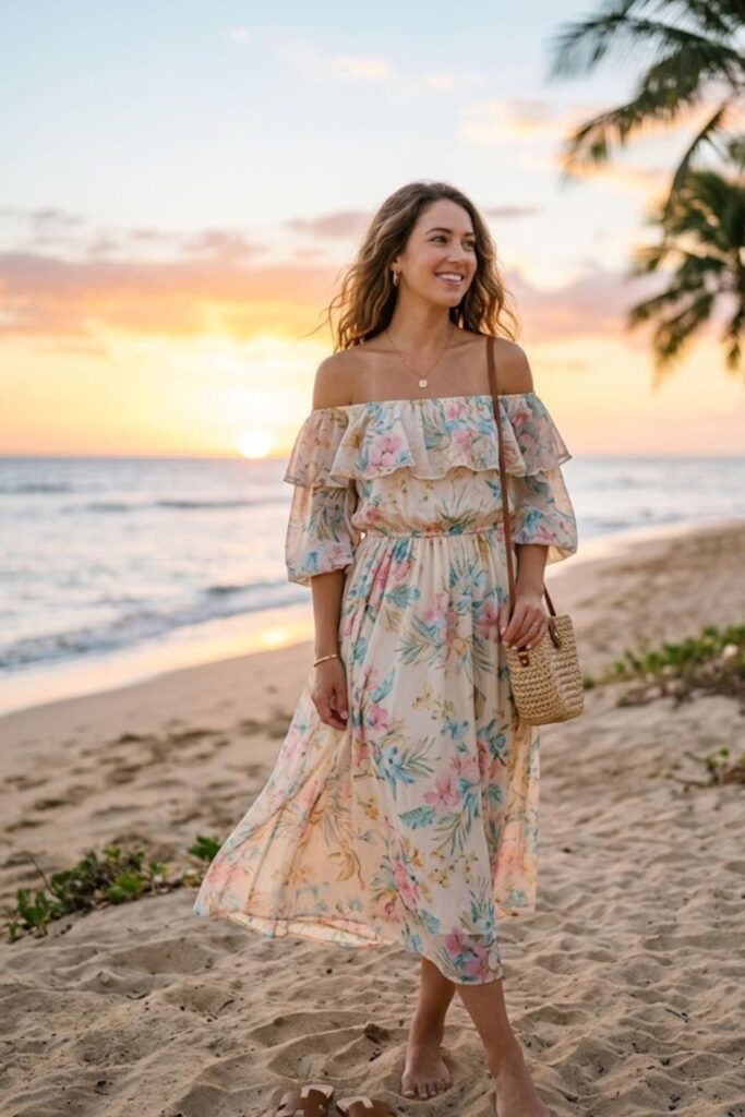 8. Off-Shoulder Dress with Sandals