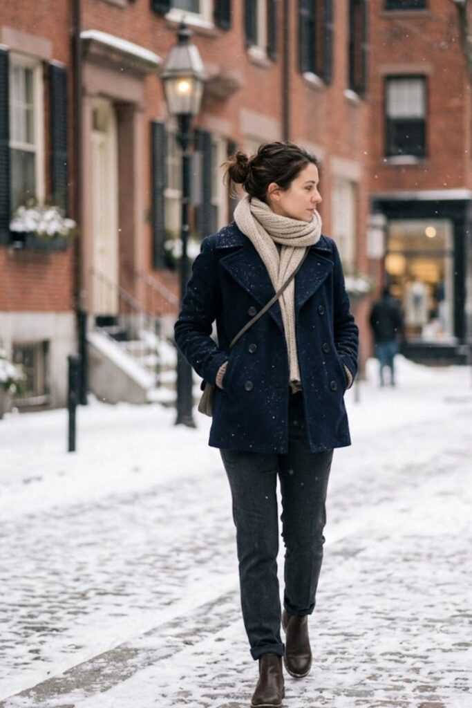 8. Peacoat With Scarf and Boots