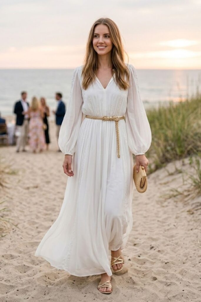 8. White Maxi Dress with Belted Waist