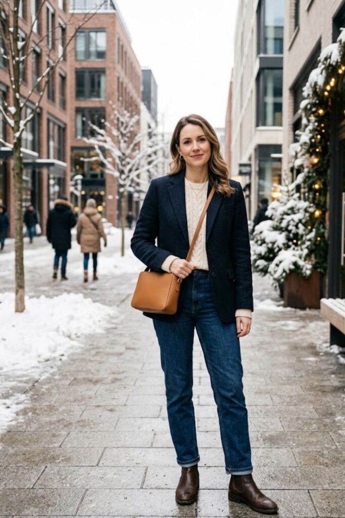 9. Blazer With Knit Sweater and Jeans