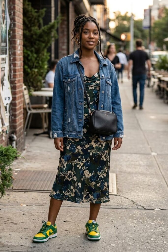 9. Brazil Dunks With Slip Dress and Denim Jacket