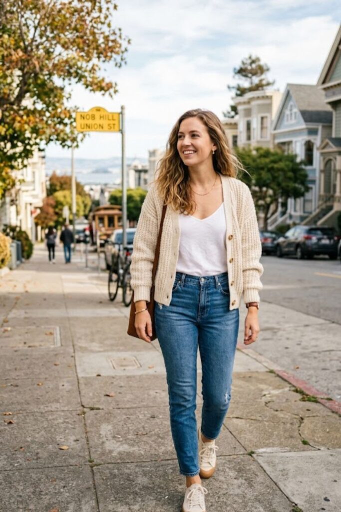 9. Cardigan With Camisole and Jeans