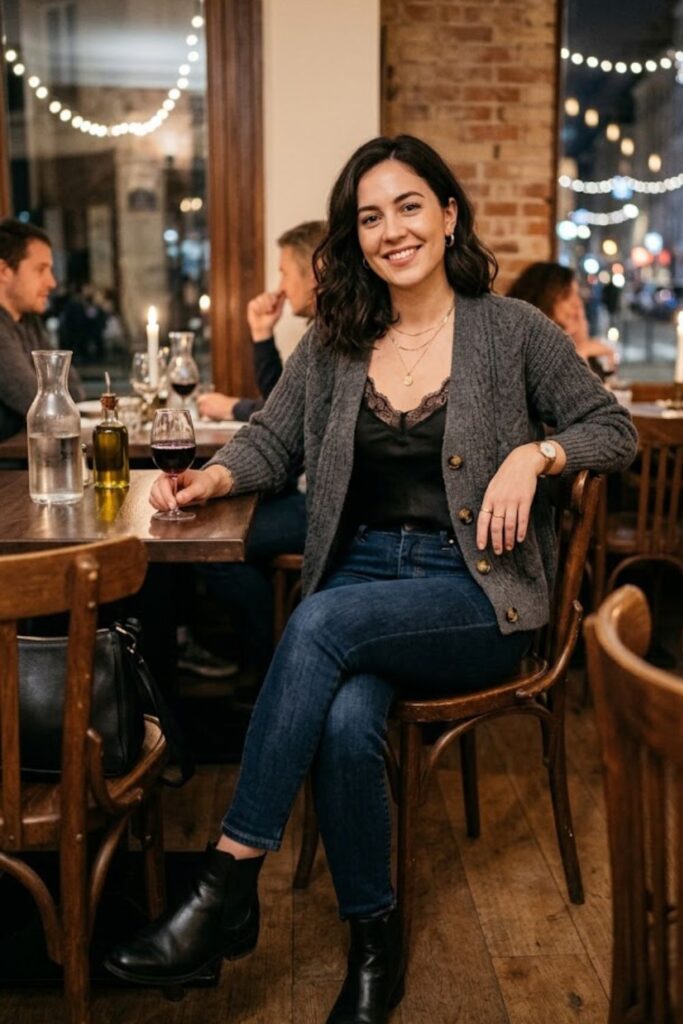 9. Cardigan With Silk Camisole and Jeans
