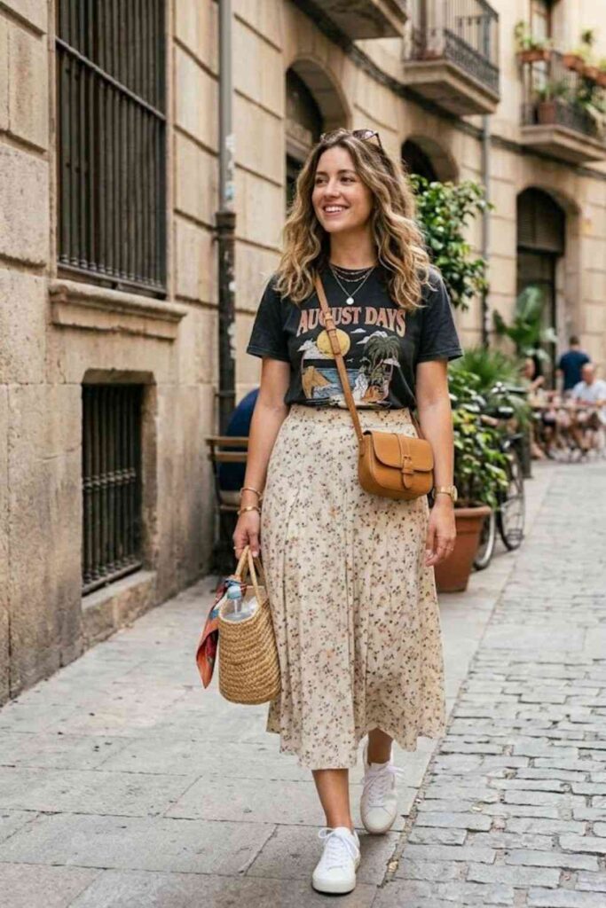 9. Graphic Tee with Midi Skirt