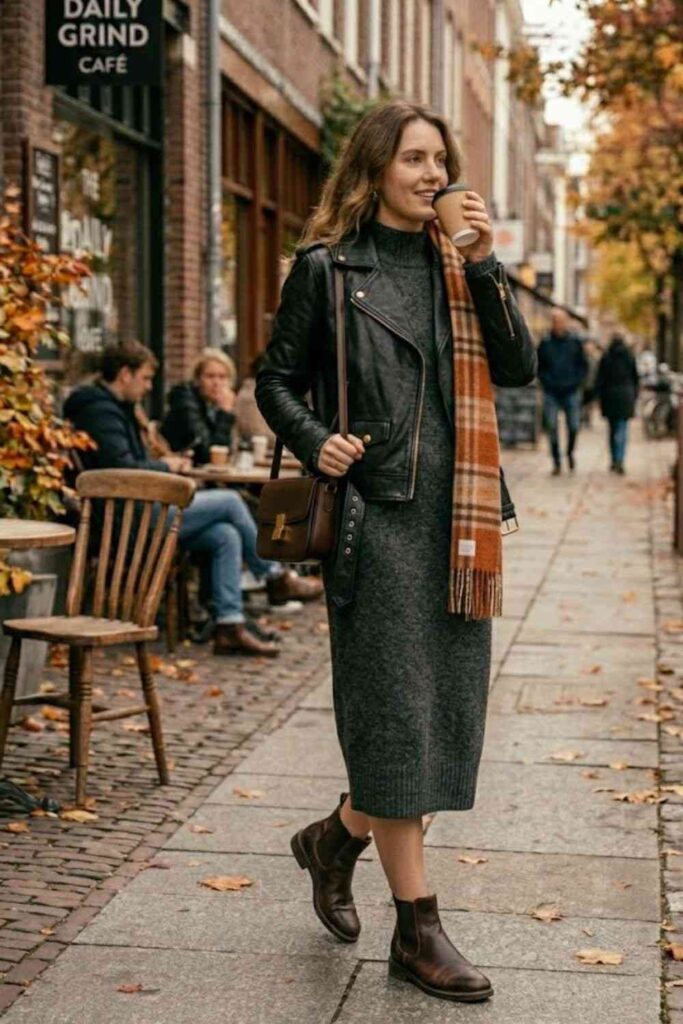9. Knit Dress with Leather Jacket