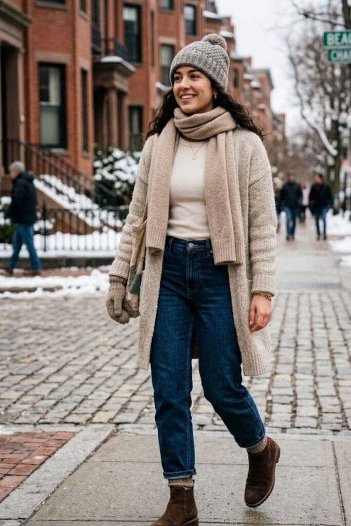 9. Layered Cardigan with Thermal Top and Jeans