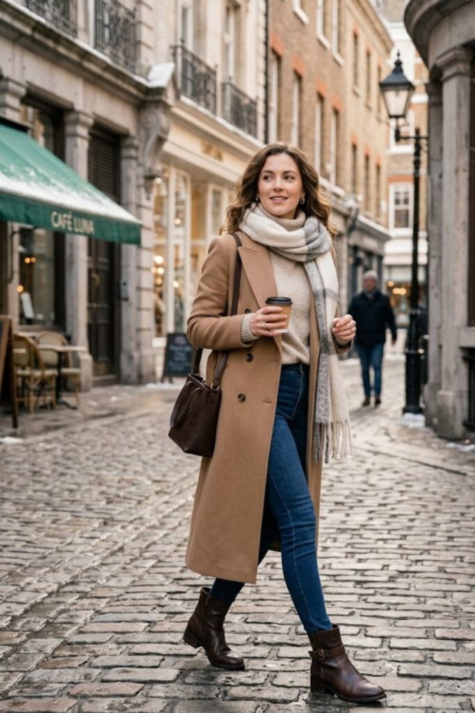9. Long Coat With Sweater and Jeans
