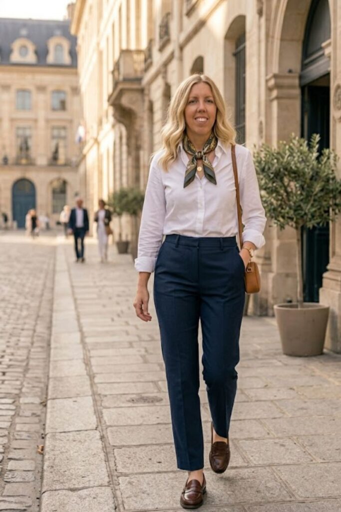 9. Silk Scarf with Button-Down and Trousers