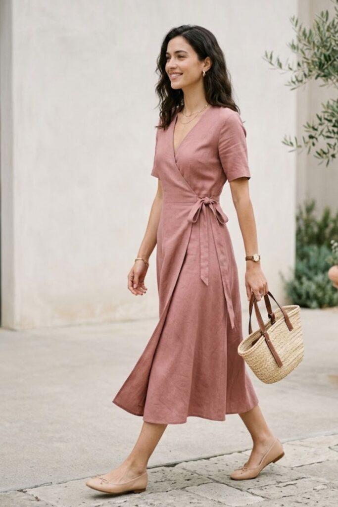 9. Wrap Dress with Ballet Flats