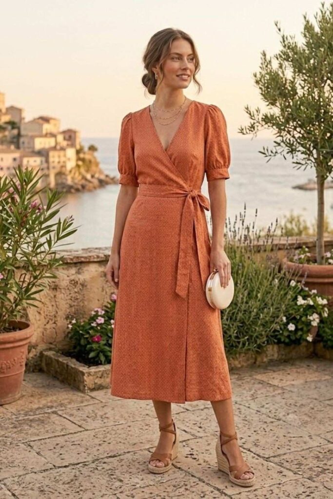 9. Wrap Midi Dress with Wedges