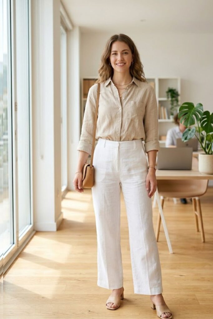 Beige Linen Shirt with White Wide-Leg Pants