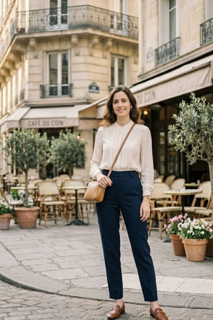Blouse with High-Waisted Trousers